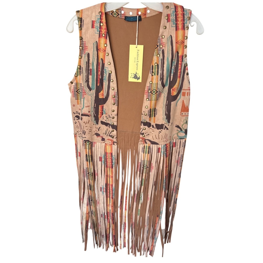 Fashion Express Cactus Cowboy‎ Long Fringe Vest size SM NWT Western Aztec Look